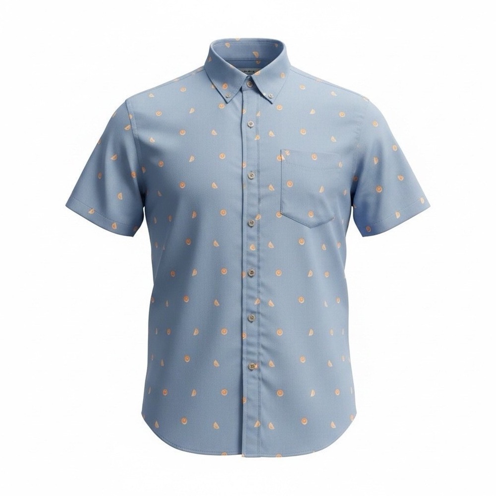 Izod Nevercare Men's S Blue/Orange Fruit Print Pocket Woven Short Sleeve Shirt